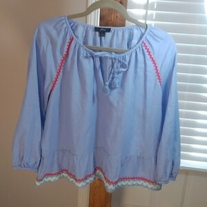 Talbots Purple Linen Blend Peasant 3/4 Sleeves Smock Crop Ruffle Blouse Size L